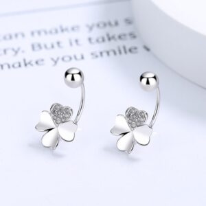 Khuyên tai bạc nữ kiểu chữ C đính đá CZ hình cỏ 4 lá