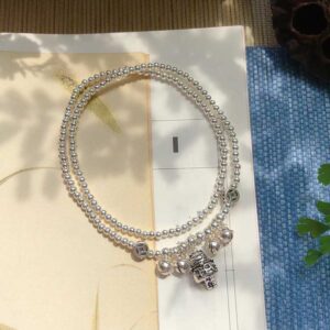 Lắc chân bạc nữ dạng hạt 2 tầng đính mèo thần tài